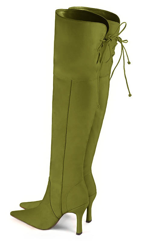 Pistachio green women's leather thigh-high boots. Pointed toe. Very high spool heels. Made to measure. Rear view - Florence KOOIJMAN